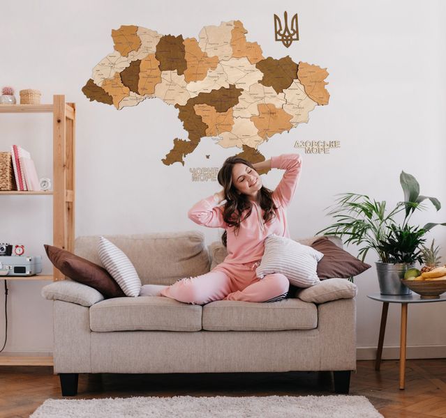 Wooden LED map of Ukraine in brown colors