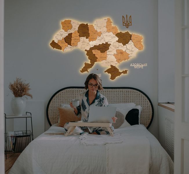 Wooden LED map of Ukraine in brown colors