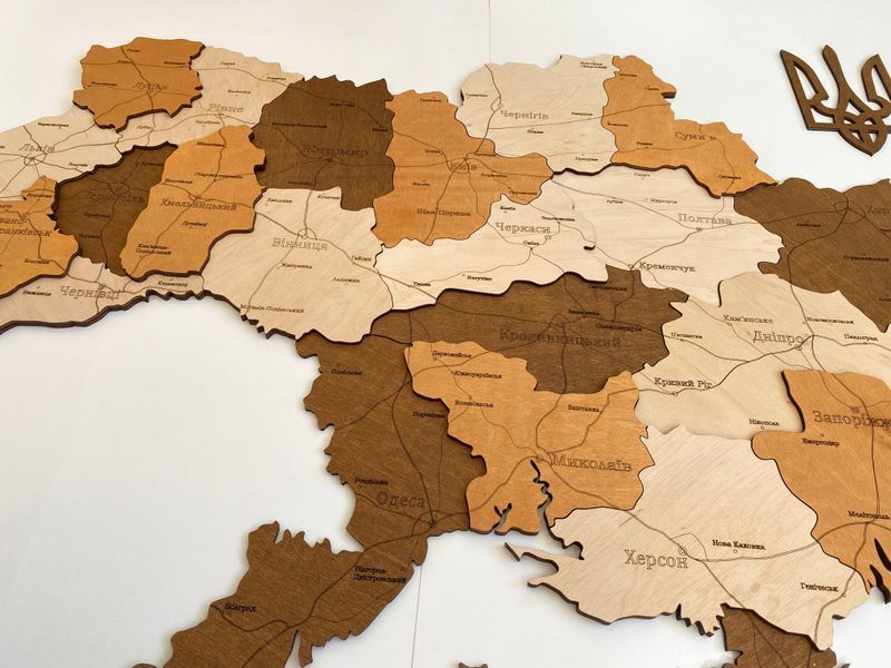 Wooden LED map of Ukraine in brown colors